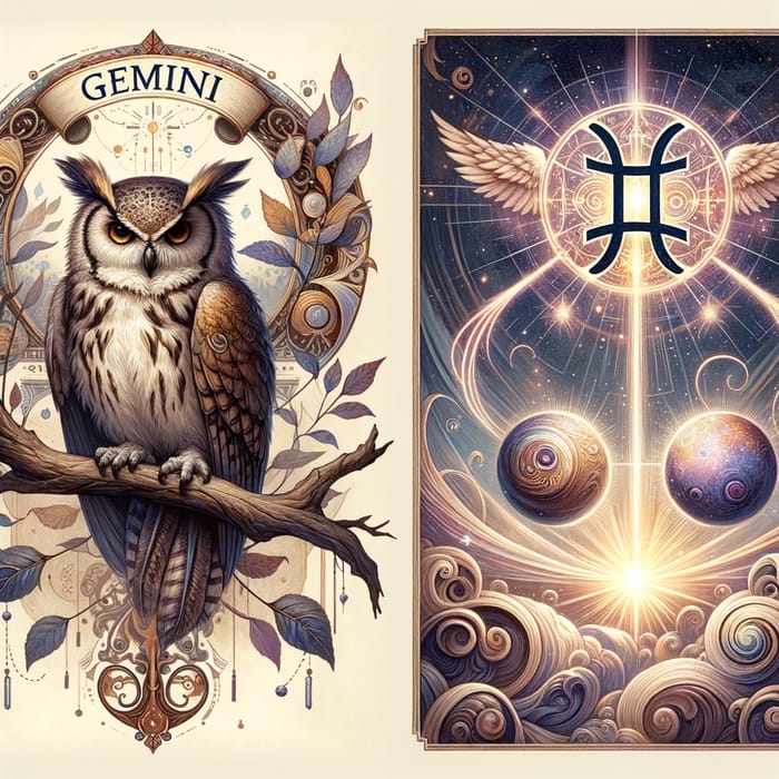 Majestic Owl Art with Gemini Symbol and Mercury