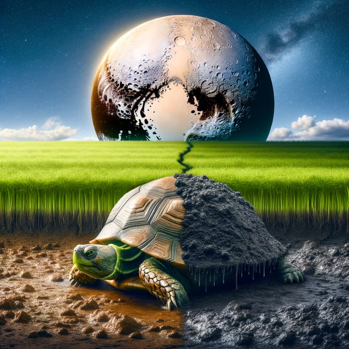 Humble Turtle in Natural Habitat on Ground with Grass and Mud, Pluto Sky View