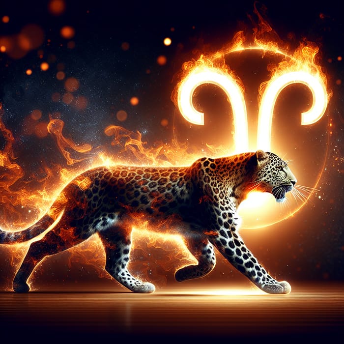 Leopard with Fire Element and Aries Symbol | Dynamic Energy and Strength