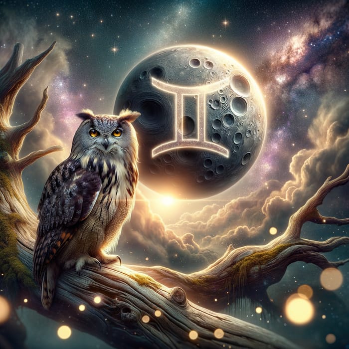 Majestic Owl in Mystic Gemini Night Sky | Cosmic Wildlife
