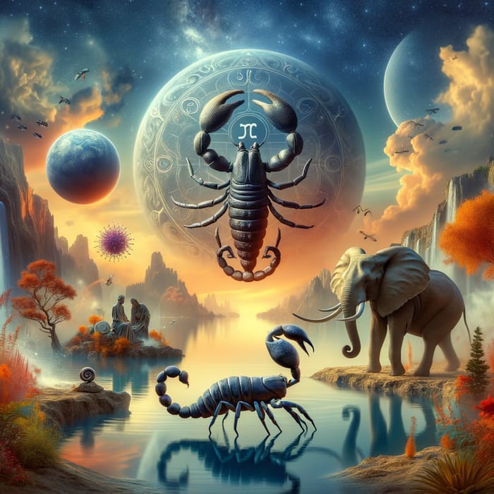 Scorpio Astrological Symbol, Mars Planet & Majestic Elephant in Tranquil Water