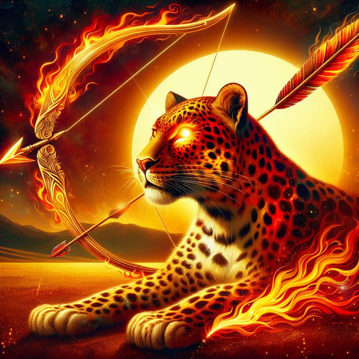 Vibrant Fire Leopard & Sagittarius Arrow in Mystical Scene