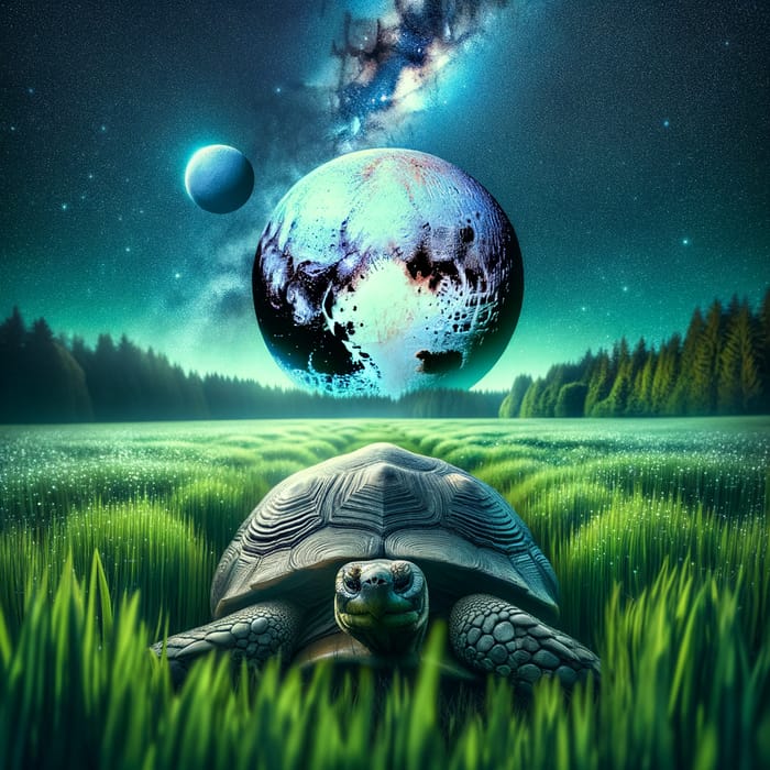 Majestic Turtle in Lush Green Field with Enchanting Pluto View