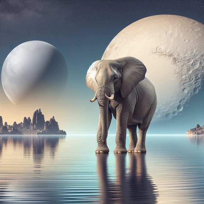 Majestic Elephant near Serene Water with Planet Pluto Views