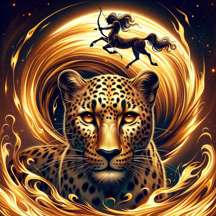 Ferocious Leopard Enveloped in Mystical Fire with Sagittarius Symbol