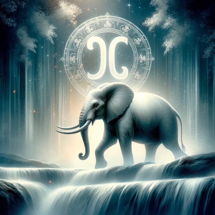 Calm Elephant with Scorpio Symbol and Tranquil Water Reflection