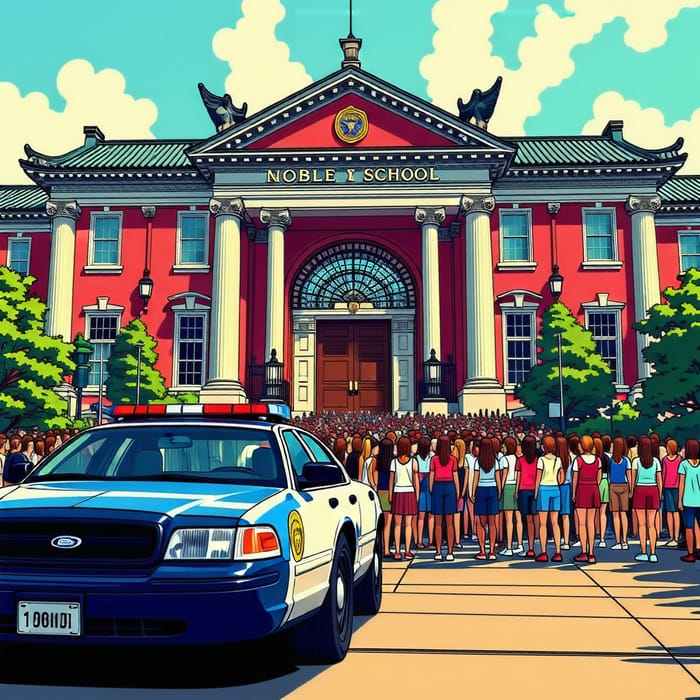Anime-Inspired Scene at Asian Noble School | Excited Students and Police Car