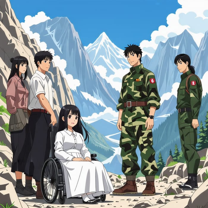Asian People in Mountainside with Girl in a Wheelchair and Anime Camouflage Guy