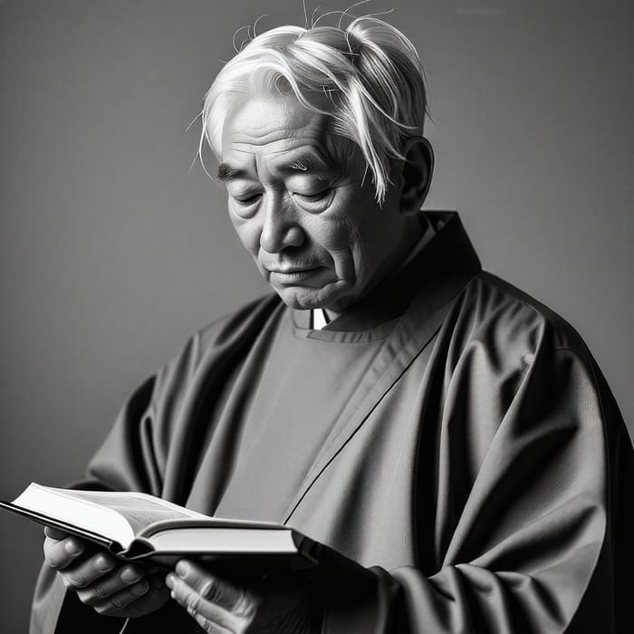 Wisdom and Introspection: Elderly Asian Man in Traditional Gray Robe
