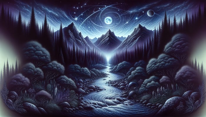 Enigmatic Forests, Serene River, Moonlit Mountain