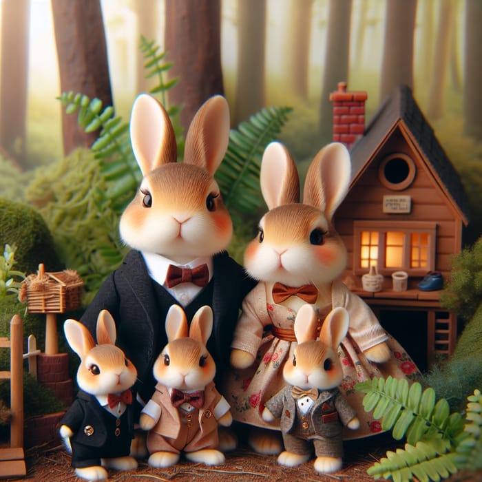 Charming Rabbit Family in Cozy Forest Home | Elegant Formal Attire