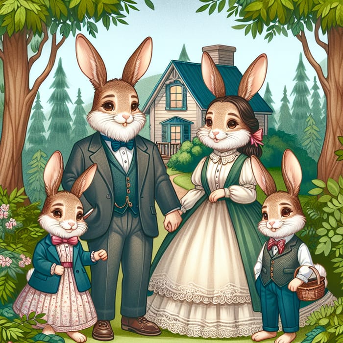 Adorable Rabbit Family in Formal Attire | Cozy Forest Home