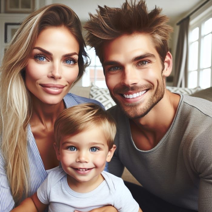 Family in Living Room: Blonde Mother, Athletic Father, Playful Toddler, Blue Eyes