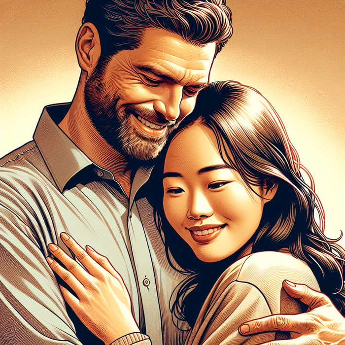 Caring Caucasian Father Embraces Asian Wife