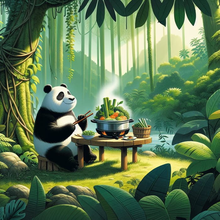 Panda Eating Hotpot in Jungle Setting