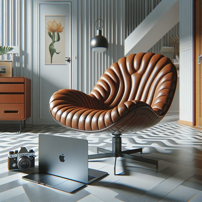 Modern MacBook Pro 16 on Unique Leather Chair in Minimalist Room