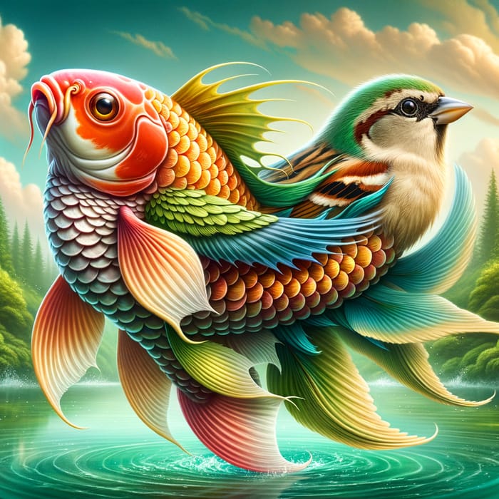 Fantasy Hybrid of Koi Fish and Sparrow in Surreal Landscape