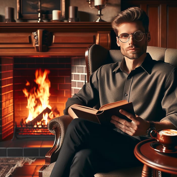 Cozy Scene: Man with Tinted Glasses by Roaring Fireplace