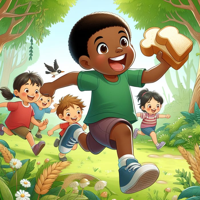 Black Boy Running with Bread in Forest Chased by Friends | Website Name