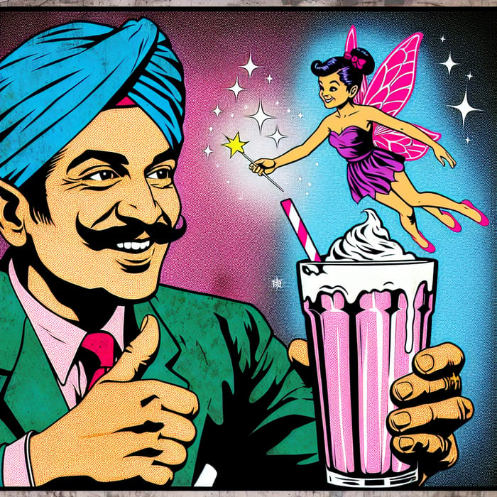 Fantasy Man Enjoying Magical Milkshake with Fairy - Vibrant Stencil Art