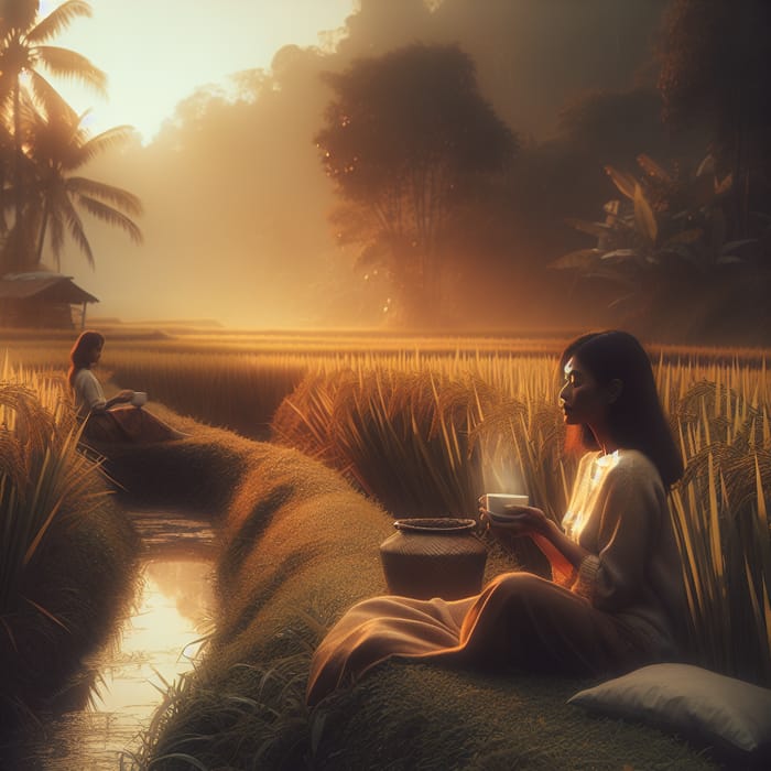 Dreamy Woman Sipping Coffee in Nature-Inspired Rice Field