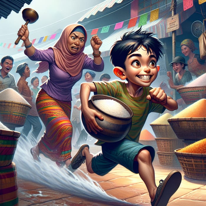 Energetic Market Kid Escaping with Pot of Rice in Vibrant Marketplace