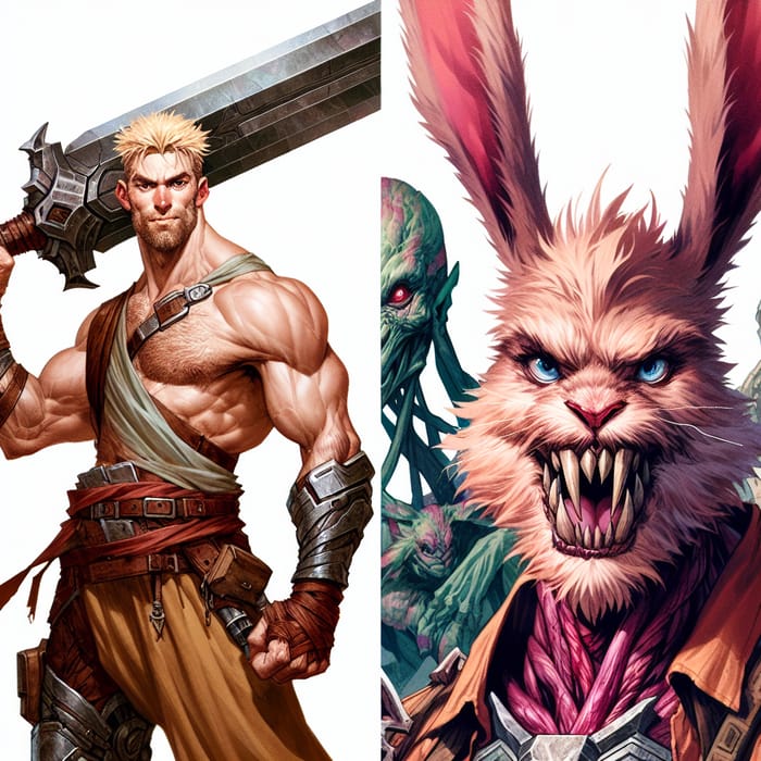 He Man vs Plundor: Epic Fantasy Battle with Muscular Hero and Evil Rabbit