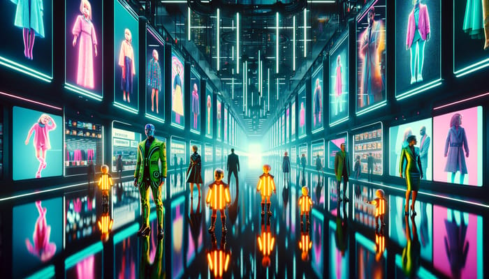 Dystopian Future Market - Exaggerated Gender Roles in Neon Noir Scene