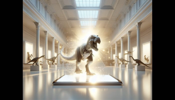 Captivating 3D Museum Tour with T-Rex Emerging from Tablet