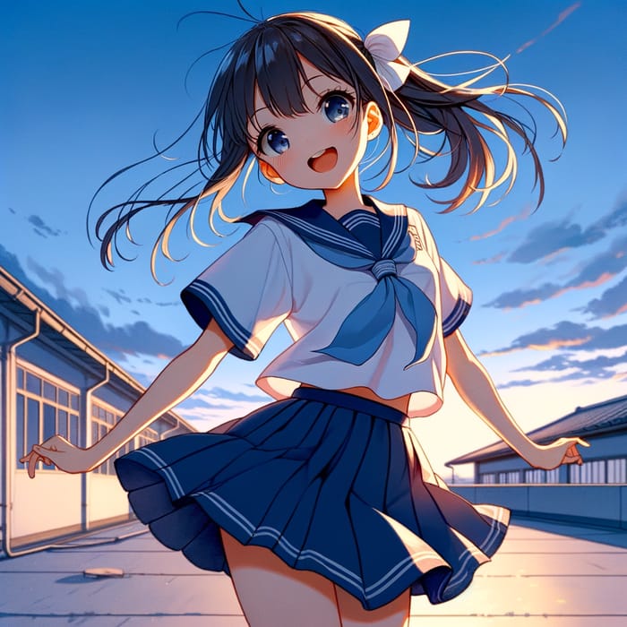 Sweet Japanese Girl Dancing in School Uniform on Rooftop