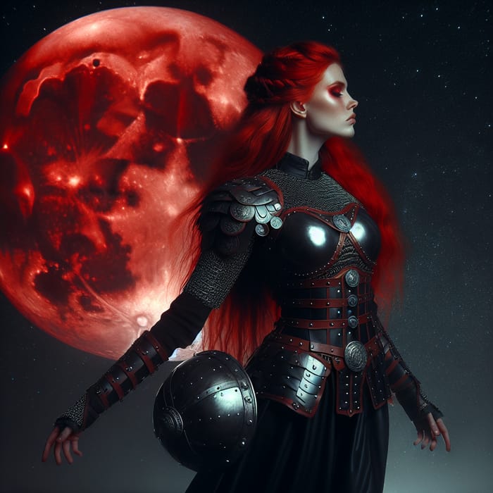 Red-Haired Viking Warrior Girl in Moonlit Night