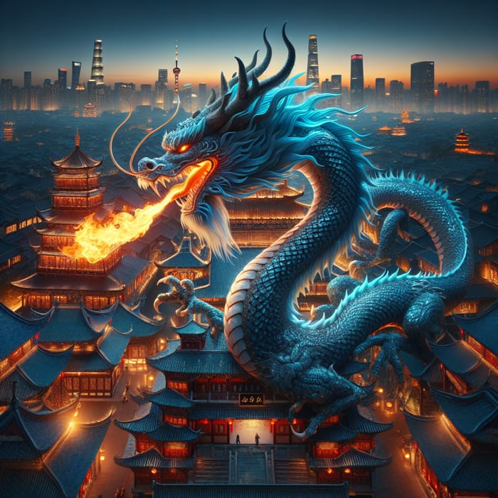 Majestic Blue Dragon Overlooking Chinese City with Fiery Tail