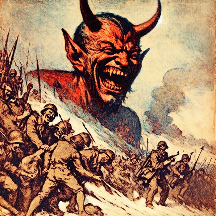 Menacing Devil Laughing in WW2 Artwork