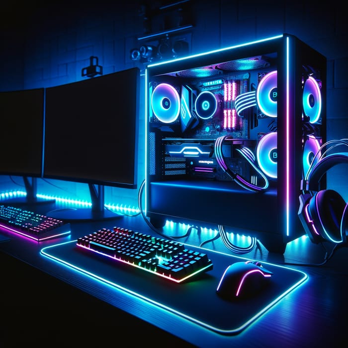Stylish Gaming Setup with Blue and Purple Neon Lights