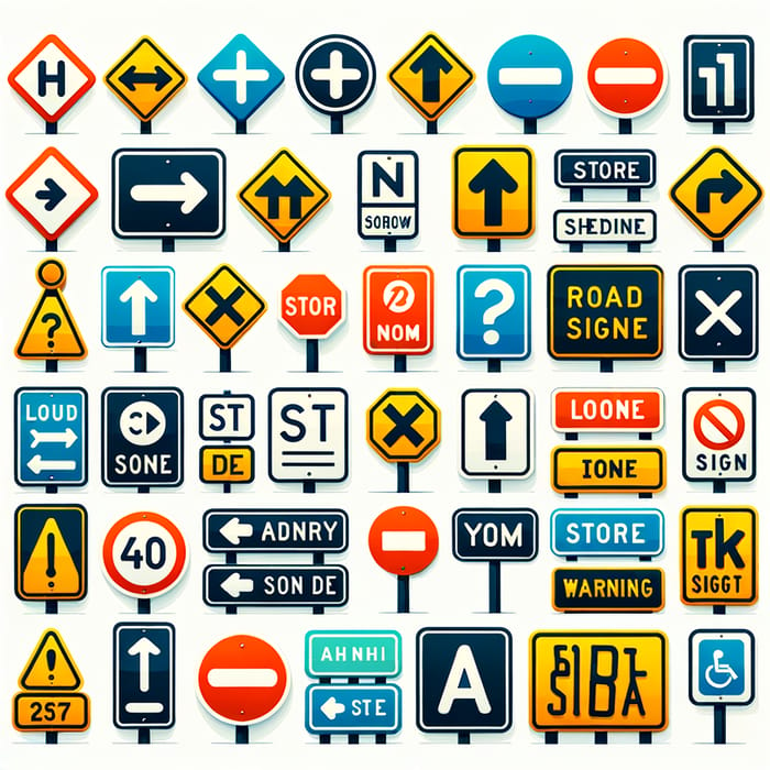 Signage Variety: Road Signs, Store Signs, Information Boards