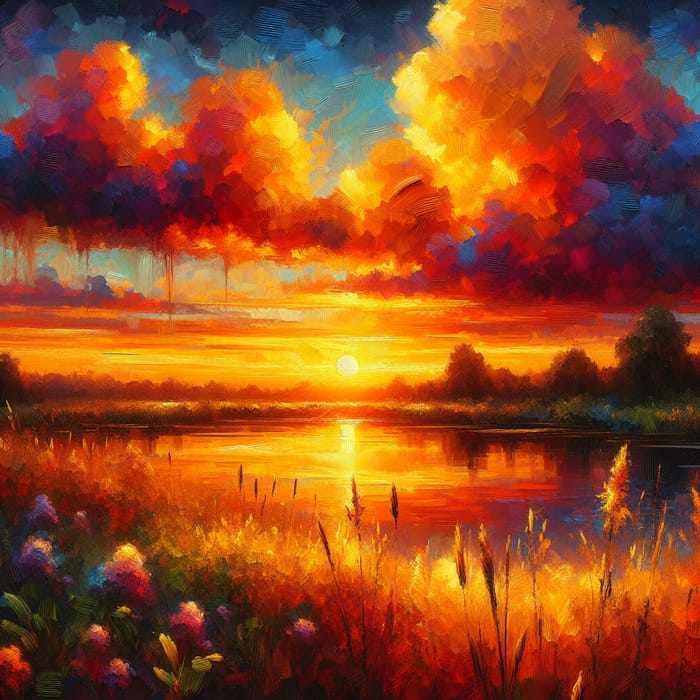 Impressionist Sunset Painting | Golden Light & Fluffy Clouds