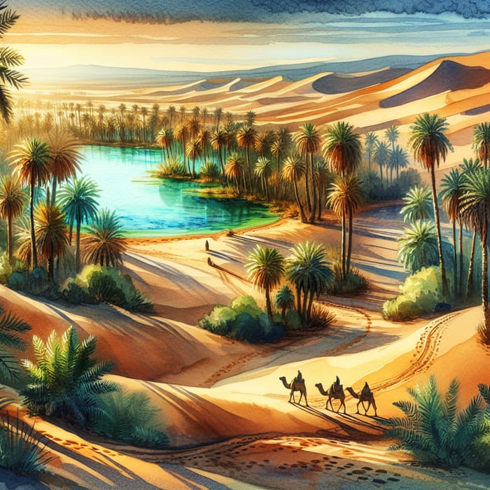 Tranquil Desert Oasis Watercolor Art