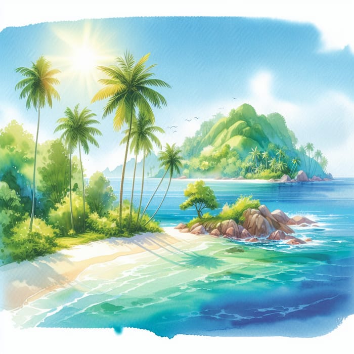 Serene Tropical Island Watercolor Art | Tranquil Landscape Painting