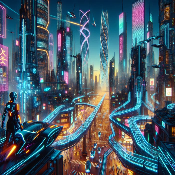 LEO999, Futuristic Cyberpunk Cityscape with Neon Lights