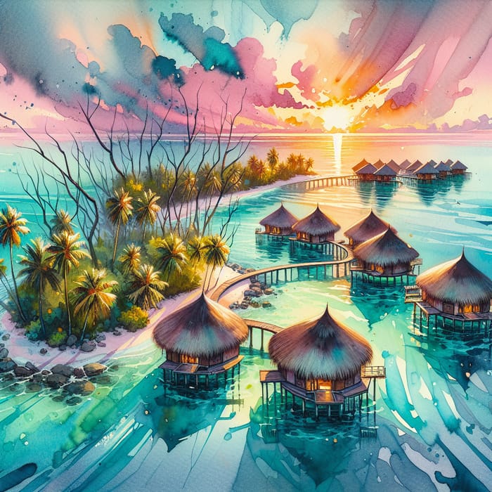 Enchanting Maldives Watercolor Painting | Overwater Bungalows & Sunset