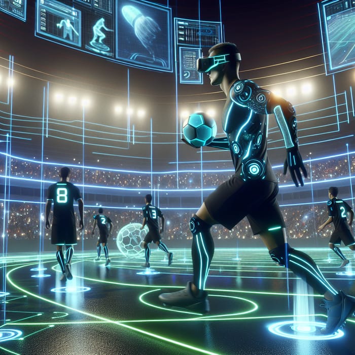 Futuristic Sports Scene: High-Tech Players in Neon-Lined Arena