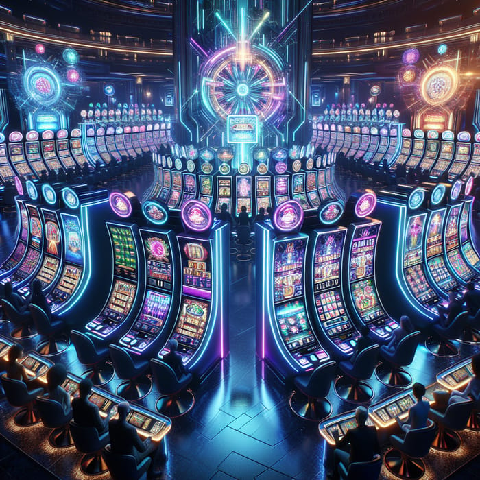 Futuristic Slot Machines in a Grand Casino | High-Tech Gaming Experience
