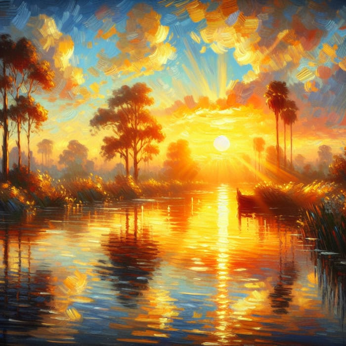Radiant Sunset Painting in Impressionist Style