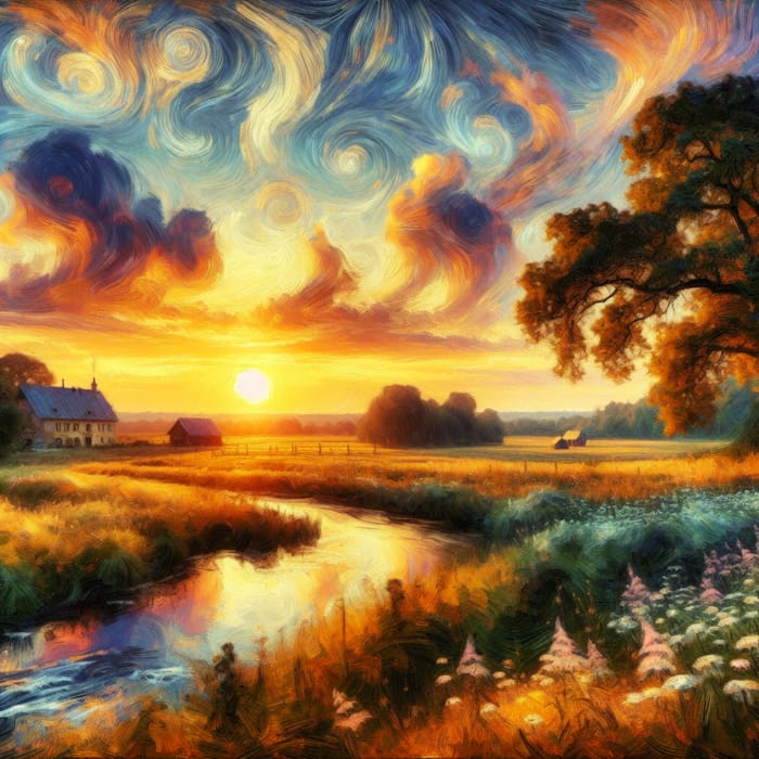 Peaceful Impressionistic Countryside Landscape: A Sunset Symphony