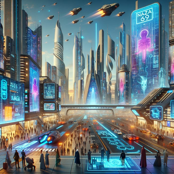 NAZA619: High-Tech Sci-Fi City with Flying Vehicles & Digital Interfaces