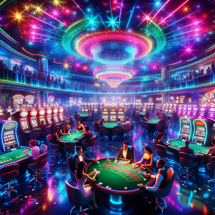 Bustling Neon Casino Scene | Diverse Card Games & Slots