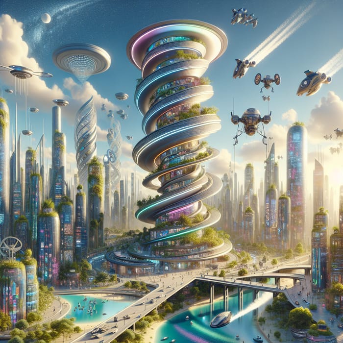 Fantasy & Futuristic World: Spiraling Skyscrapers & Diverse Community