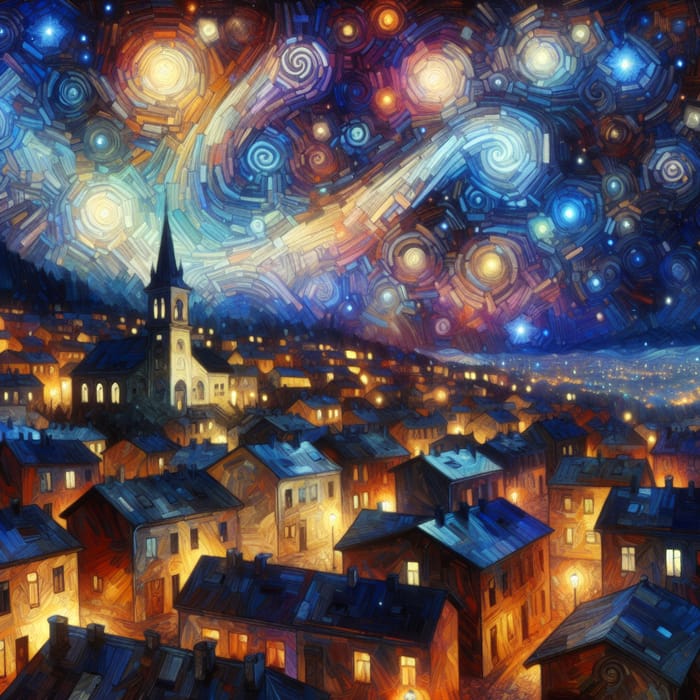 Whimsical Evening Cityscape with Abstract Night Sky