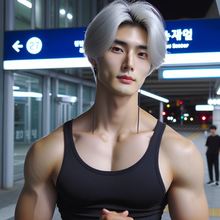 Tall Korean Man with Fit Body & Long White Hair