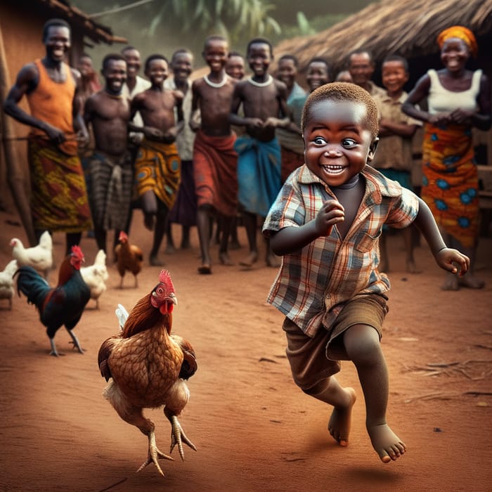 Adorable African Boy, 4, Chasing Frightened Chicken in Village